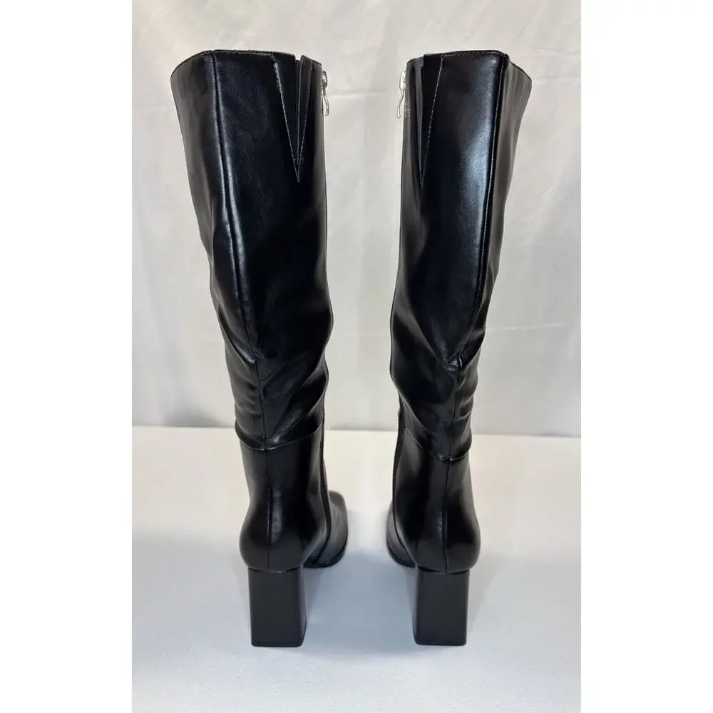 Women's Black Knee High Slouch Boots Square Toe Chunky Heel Tall Size 6.5